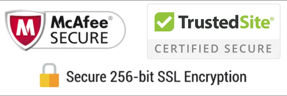 McAfee Secure, TrustedSite Certified Secure, 256-bit SSL encryption